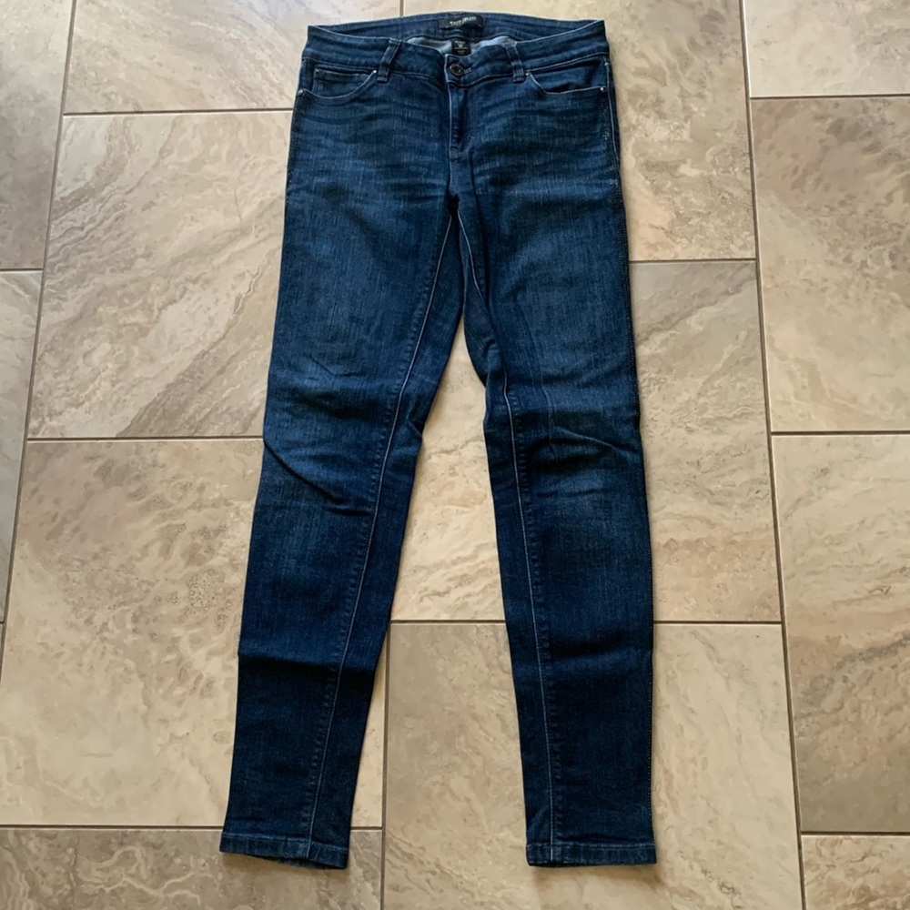 Jewel detail dark wash skinny jeans